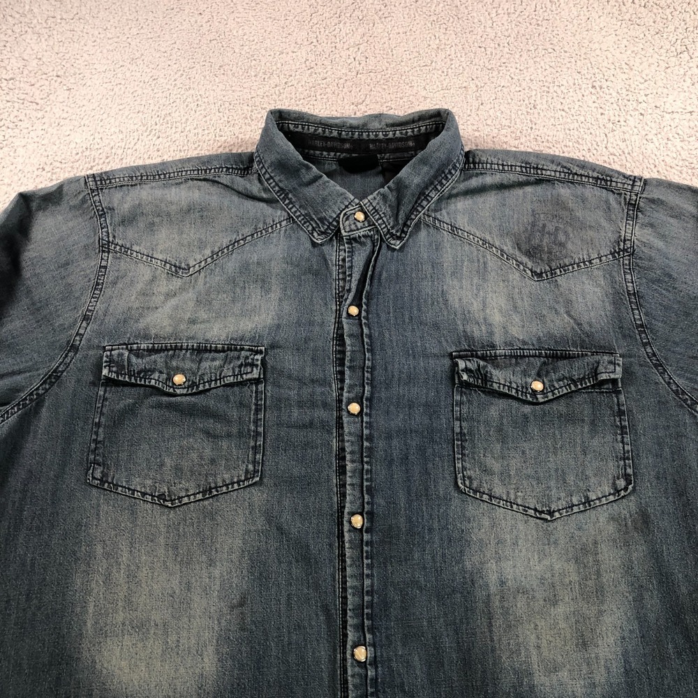 Harley Davidson Shirt Mens 3XL Blue Denim Western Pearl Snap Biker Long Sleeve - Picture 3 of 11